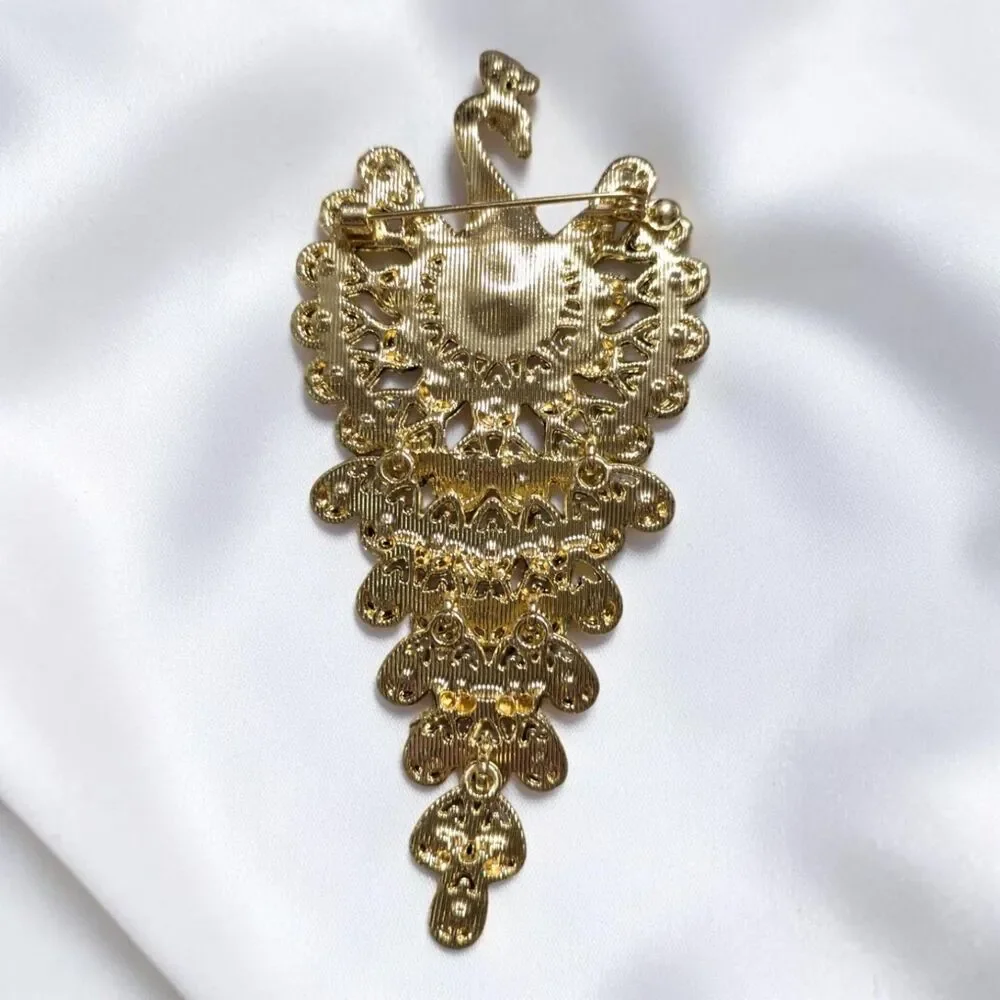 Colorful Rhinestone Peacock Brooch, Gold Tone, Maximalist Statement Bird Pin